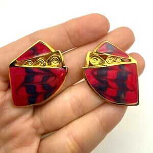 Vtg EDGAR BEREBI Earrings Enamel Red Black Swirl Large Bold Statement Pierced